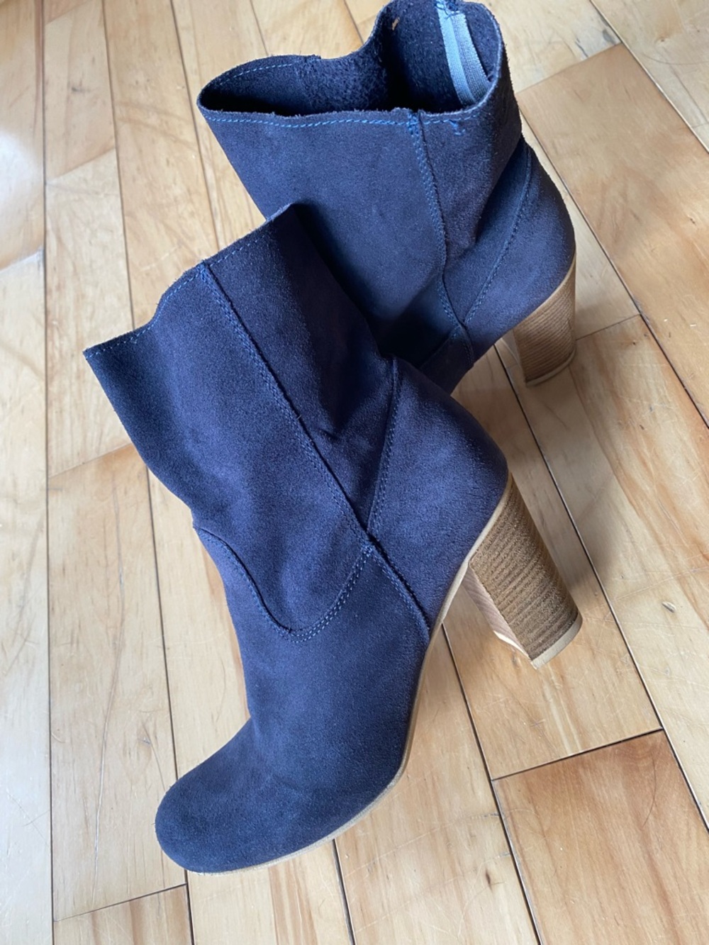 Suede Mid-Calf Ankle Boots in Deep Navy with Stacked Heel